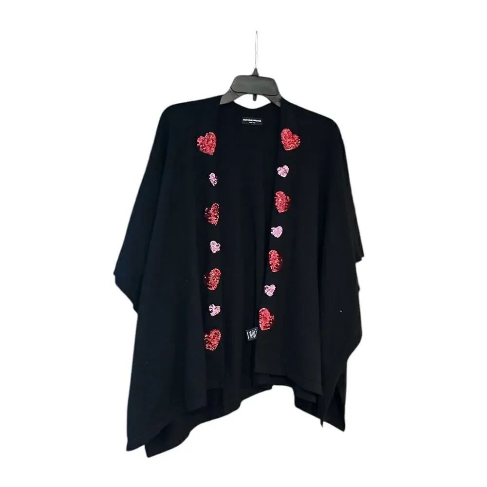 Victoria Harbour black sequin heart shrug poncho kimono cardigan OS